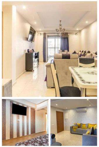 2 Bilder von einem Wohnzimmer und einem Esszimmer in der Unterkunft Magnifique appartement Les perles de marrakech lux avec 2 piscines in Marrakesch