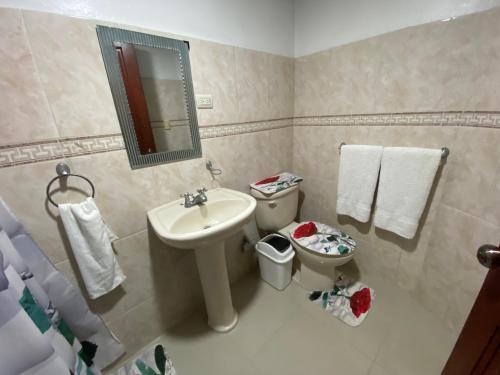 ein Badezimmer mit einem Waschbecken, einem WC und einem Spiegel in der Unterkunft 5amazing Huge Nice Furnished Apt 2 Stay Longterm in Santo Domingo