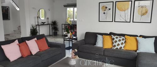 a living room with a couch with colorful pillows at anemelie in Sotira