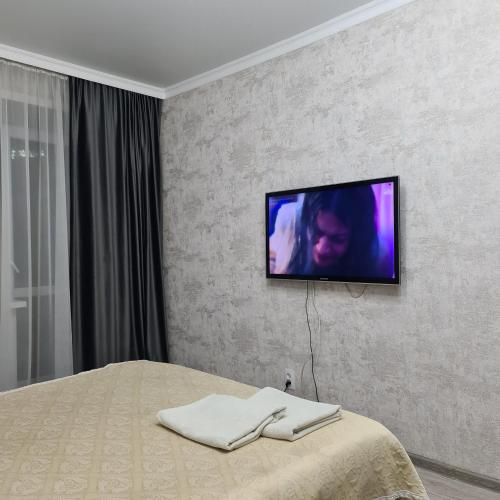 una camera da letto con un letto e una tv a parete di Дом77, проспект БухарЖырау a Karagandy