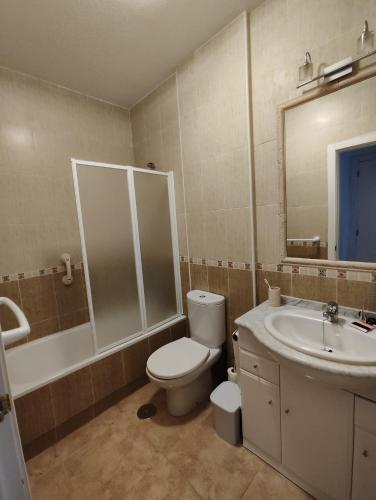 a bathroom with a toilet and a sink and a mirror at L' Azotea del Sol appartement typique in La Puebla