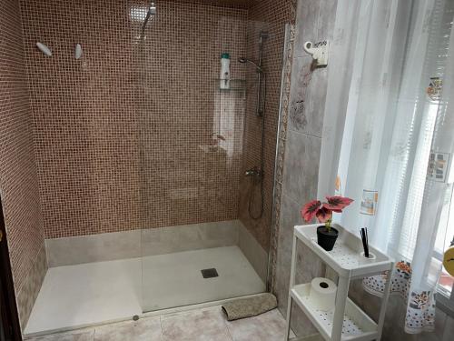 Sevilla Apartamento en Camas a minutos del centro de Sevilla Wifi في كاماس: حمام مع دش مع مرحاض ومغسلة