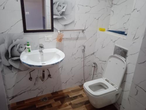 a bathroom with a white toilet and a sink at Sindu Villa in Lucknow