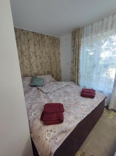 1 dormitorio con 1 cama con 2 toallas rojas en Casa Golub - Transylvania - Romania en Mischiu