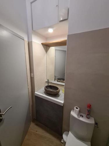 une salle de bain avec toilettes et lavabo dans l'établissement Appartement T2 avec clim et wifi, à 50 m de la plage, à Collioure