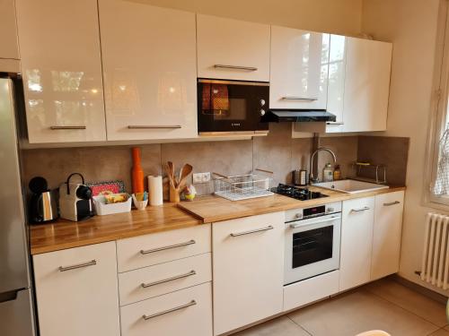 une cuisine avec des armoires blanches et un four à plaques de cuisson dans l'établissement Appart Villa Magnolia Villeneuve les Avignon - Provence, à Villeneuve-lès-Avignon