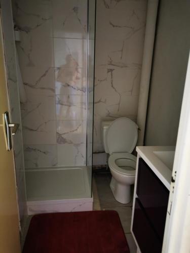 une salle de bain avec toilettes et douche en verre dans l'établissement maison, au Barcarès