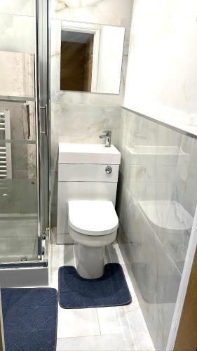 y baño blanco con aseo y ducha. en 7 Venus Road (Room 7), en Londres