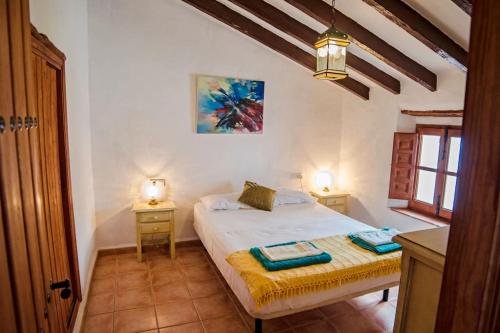 Canillas de AceitunoにあるCasa del Algarroboのベッドルーム1室(ベッド1台、テーブル2台、ランプ2つ付)