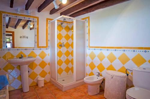 Canillas de AceitunoにあるCasa del Algarroboのシャワー、トイレ、洗面台を備えたバスルーム