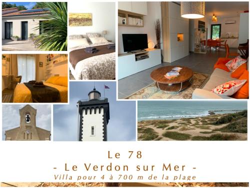 een collage van foto's van een hotelkamer met een vuurtoren bij Du sable et des pins in Le Verdon-sur-Mer