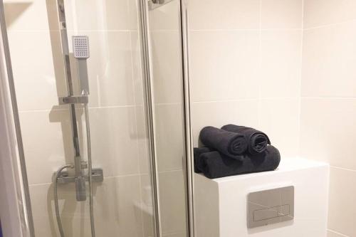 un bagno con doccia e asciugamano su un dispenser di New contemporary house, Orsay-Saclay near Paris and Versailles 35m2 a Orsay