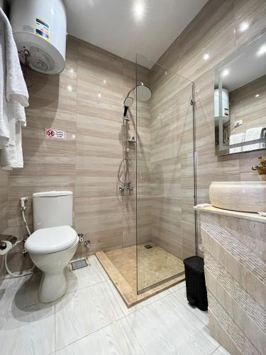 a bathroom with a toilet and a shower and a sink at Shadow Pyramids Suites and Jacuzzi in Cairo