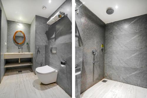 two pictures of a bathroom with a toilet and a shower at The Belmonte House By Levelup in Udaipur