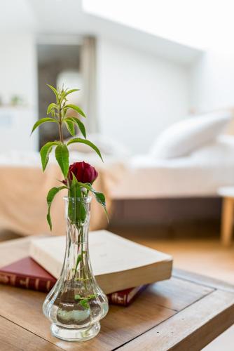 a vase with a rose in it sitting on a table at Maison de Pagneux in Lachassagne