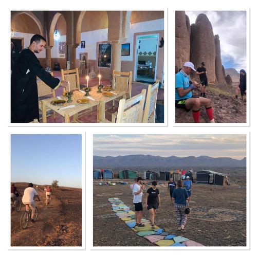 a collage of four pictures of people in the desert at Riad Nkob in Nkob