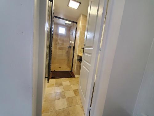 baño con ducha y suelo de baldosa. en Appart 28m2 avec jardin et parking privés, chambre séparée, en Milhaud