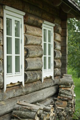 zwei Fenster an der Seite eines Blockhauses in der Unterkunft Auksinio elnio dvaras in Telšiai