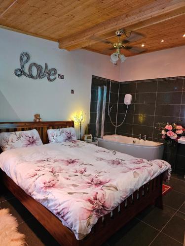 a bedroom with a large bed and a bath tub at Baron Park House in Clonmel
