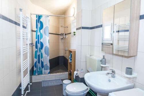 a bathroom with a sink and a toilet and a shower at Cottage Lina in Edessa