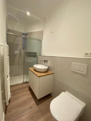 a bathroom with a toilet and a sink and a shower at Wohntraum im Szeneviertel in Hannover