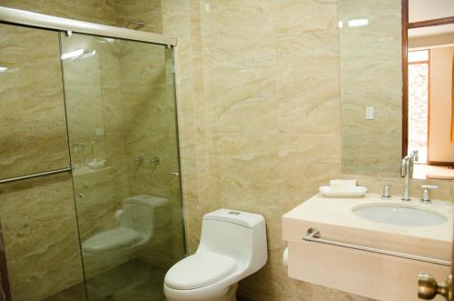 e bagno con servizi igienici, lavandino e doccia. di La Maison d'Elise ad Arequipa