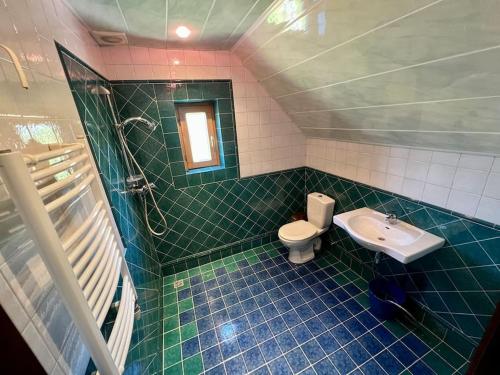 Baño de azulejos verdes con aseo y lavamanos en Kranto Vila en Kaunas