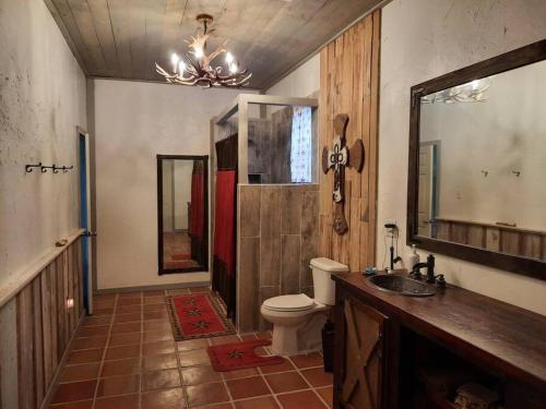 a bathroom with a toilet and a sink and a mirror at Waterfront Ranch Home + Bunk Barn + Guest Cabin in Alba