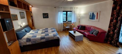 Zell am MainにあるGroßzügige Wohnung mit Terrasse Würzburg, Zellのベッドとソファのあるリビングルーム