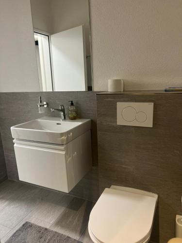a bathroom with a white toilet and a sink at Basel-Stadt Gundeldingen Zimmer 402, WC in the hallway, outside the room in Basel