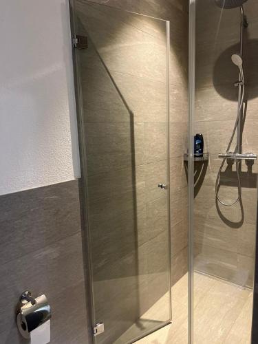 a shower with a glass door in a bathroom at Basel-Stadt Gundeldingen Zimmer 404, WC in the hallway, outside the room in Basel