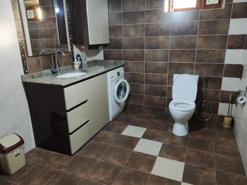 a bathroom with a toilet and a washing machine at Mashtots B&B in Vanadzor