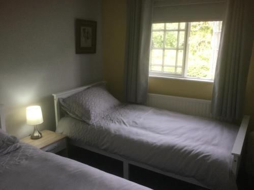 1 dormitorio con 2 camas y ventana en The Cottage, en Wadhurst