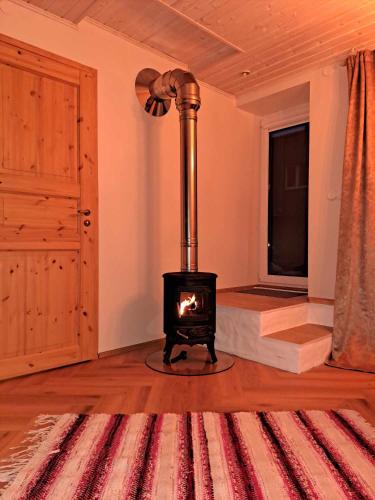 a living room with a stove in the middle of a room at Tiigi apartment in Haapsalu