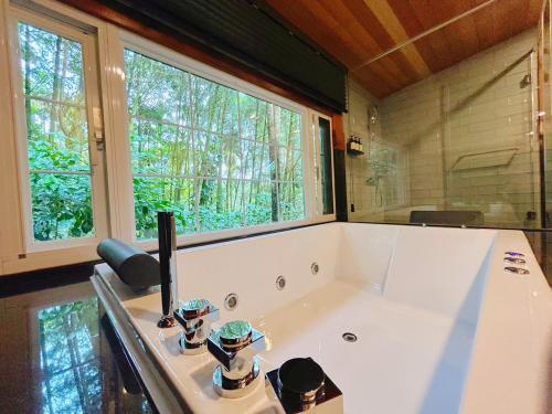 baño con bañera y ventana grande en 日月潭森堡萊夫莊園, en Yuchi