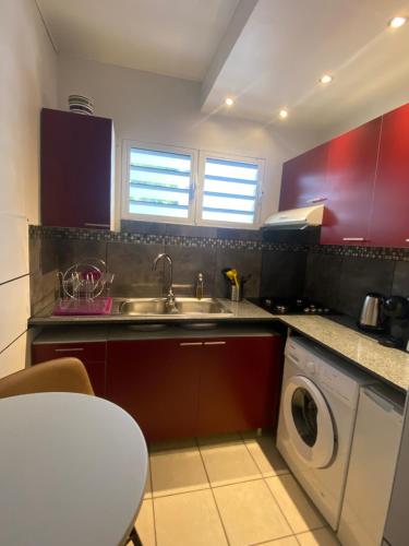 a kitchen with a sink and a washing machine at Happyhome2 in Saint-Pierre