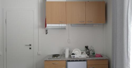 a small kitchen with wooden cabinets and a counter top at Kuukkeli Apartments Inari in Inari