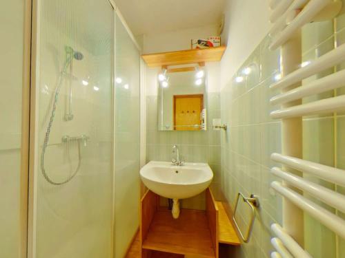 une salle de bain avec un lavabo et une douche dans l'établissement Studio cabine cosy avec balcon, proche télésièges et commerces, 5 couchages - Les Saisies - FR-1-594-315, à Hauteluce