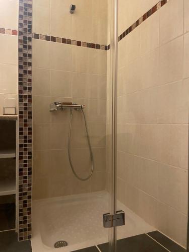 a shower with a glass door in a bathroom at Happyhome in Saint-Pierre