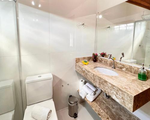 a bathroom with a sink and a toilet and a mirror at Chalés Recanto da cachoeira in Monte Verde