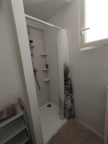 La salle de bains blanche est pourvue d'une douche. dans l'établissement Studio en Petite Camargue, à Le Cailar