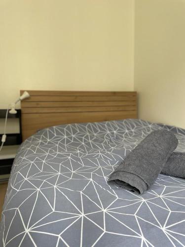 - une chambre avec un lit et une couette grise et blanche dans l'établissement Historic hyper-center Bourges, à Bourges