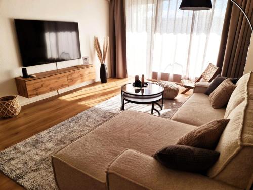 ein Wohnzimmer mit einem Sofa und einem TV in der Unterkunft STAYTONA Klima Balkon 2-Arbeitsplätze nahe FFM in Erlensee