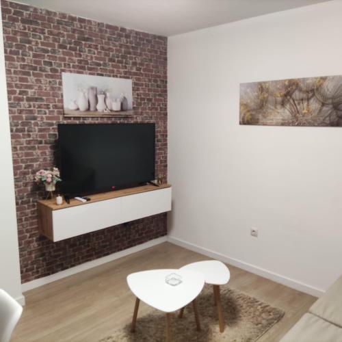 a living room with a tv on a brick wall at Apartamento Margari in Ronda