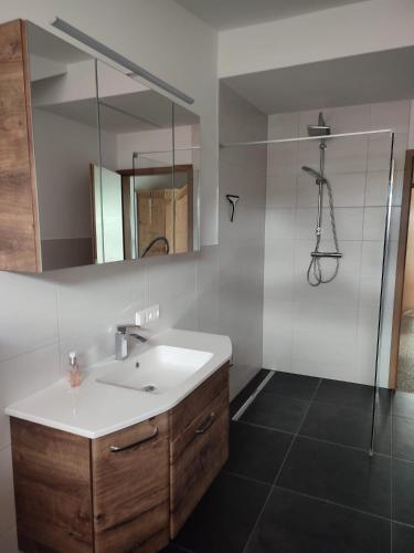 ein Bad mit einem Waschbecken und einem Spiegel in der Unterkunft Ferienwohnung Buchacher in Dölsach