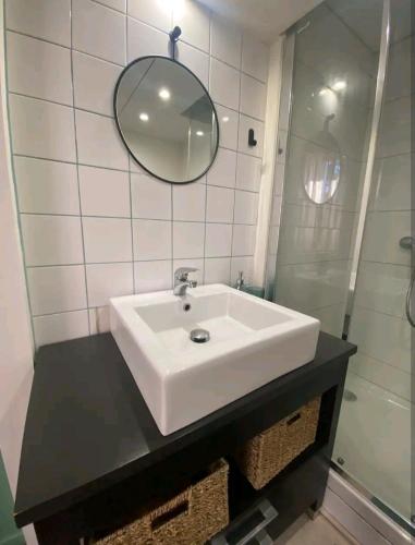 La salle de bains est pourvue d'un lavabo, d'un miroir et d'une douche. dans l'établissement La Parenthèse Enchantée - Belfort Centre proche gare - Fibre Netflix, à Belfort