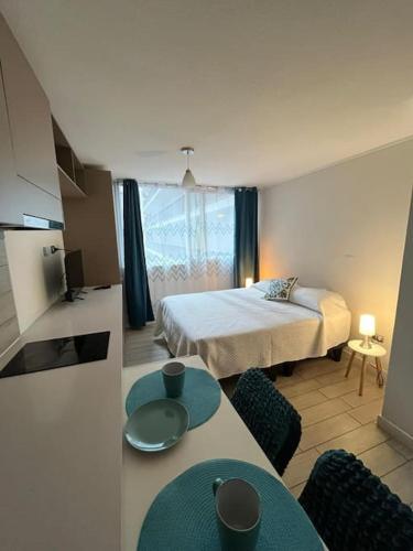 een hotelkamer met een bed, een tafel en stoelen bij Acogedor home studio in Santiago