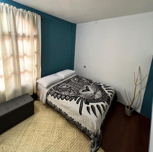 a bedroom with a zebra bed in a room with a window at Casa en el Centro Corazón de Xalapa a metros de Palacio de gobierno, Zona UV, IMSS in Xalapa
