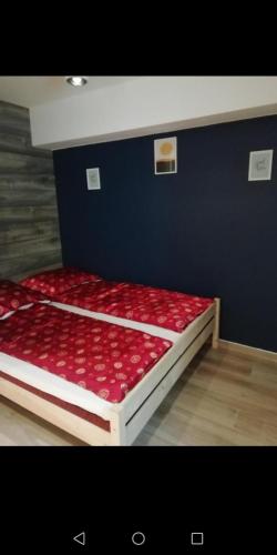 a bed with red sheets and a blue wall at Mrągowo Pokoje Apartament in Mrągowo