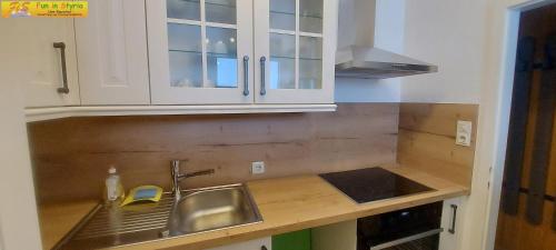 a kitchen with a sink and a counter top at Apartment Panoramablick by FiS - Fun in Styria in Bad Mitterndorf